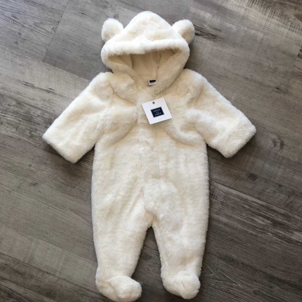 NWT Off White Janie and Jack Faux Fur Hooded Onesie